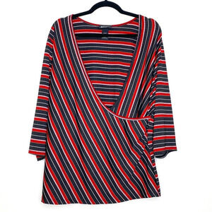 Lane Bryant 18/20 Faux Wrap Blouse Striped Black Red White 3/4 Sleeve Plus Size